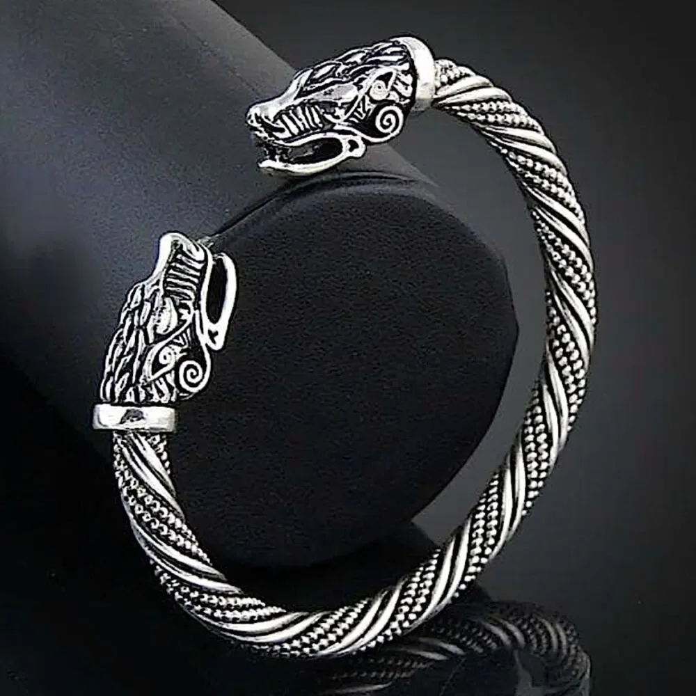 SILVER DRAGON VIKING BANGLE BRACELET